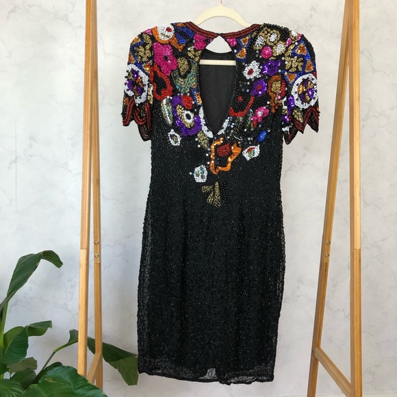 Vintage 80s Floral Sequin Formal Party Prom Dress - Picture 6 of 8